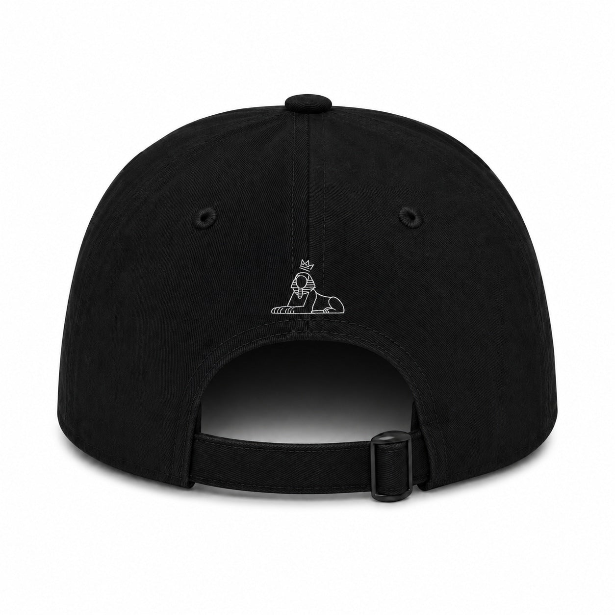 BLACK MAJIC Crown Dad Cap in black, back view with the adjustable strap