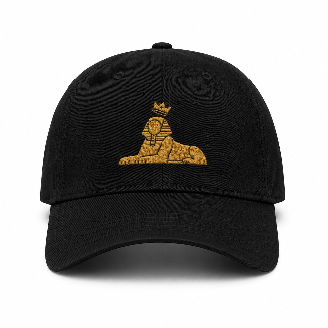 BLACK MAJIC Crown Dad Cap in black, gold embroidered crowned Sphinx, front panel