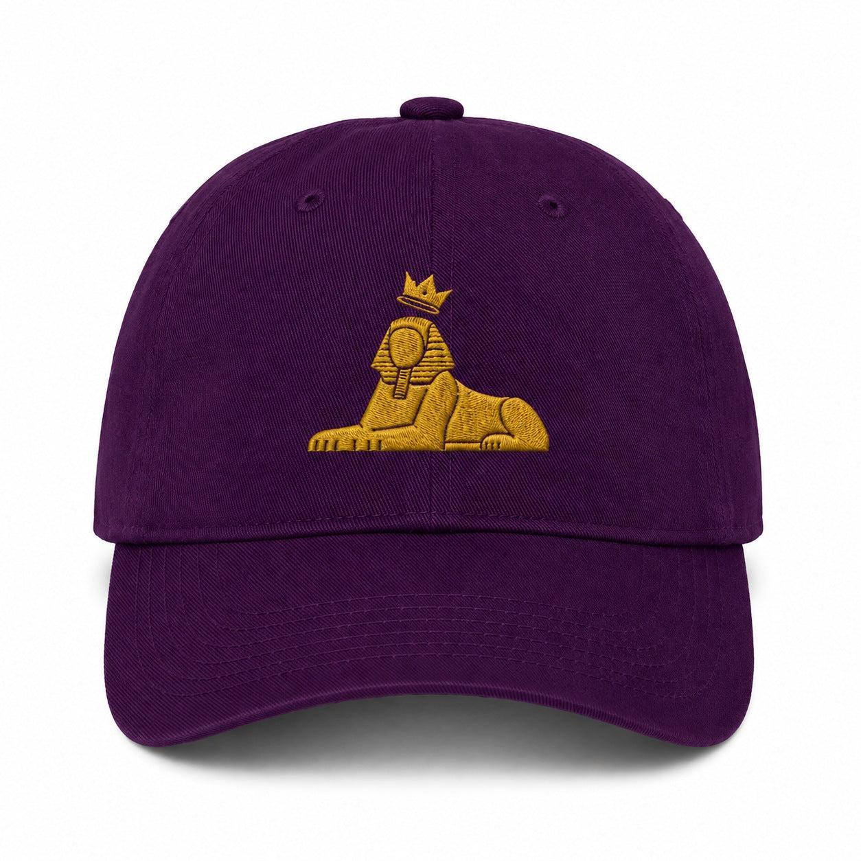 BLACK MAJIC Crown Dad Cap in purple, gold embroidered crowned Sphinx, front panel