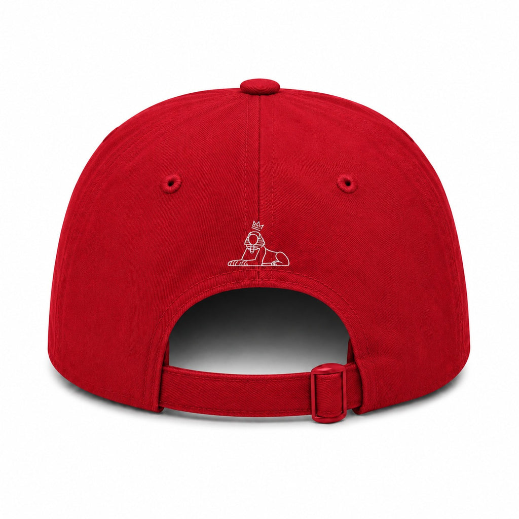BLACK MAJIC Crown Dad Cap in red, back view with the adjustable strap