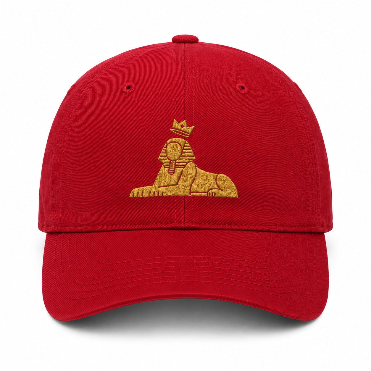 BLACK MAJIC Crown Dad Cap in red, gold embroidered crowned Sphinx, front panel