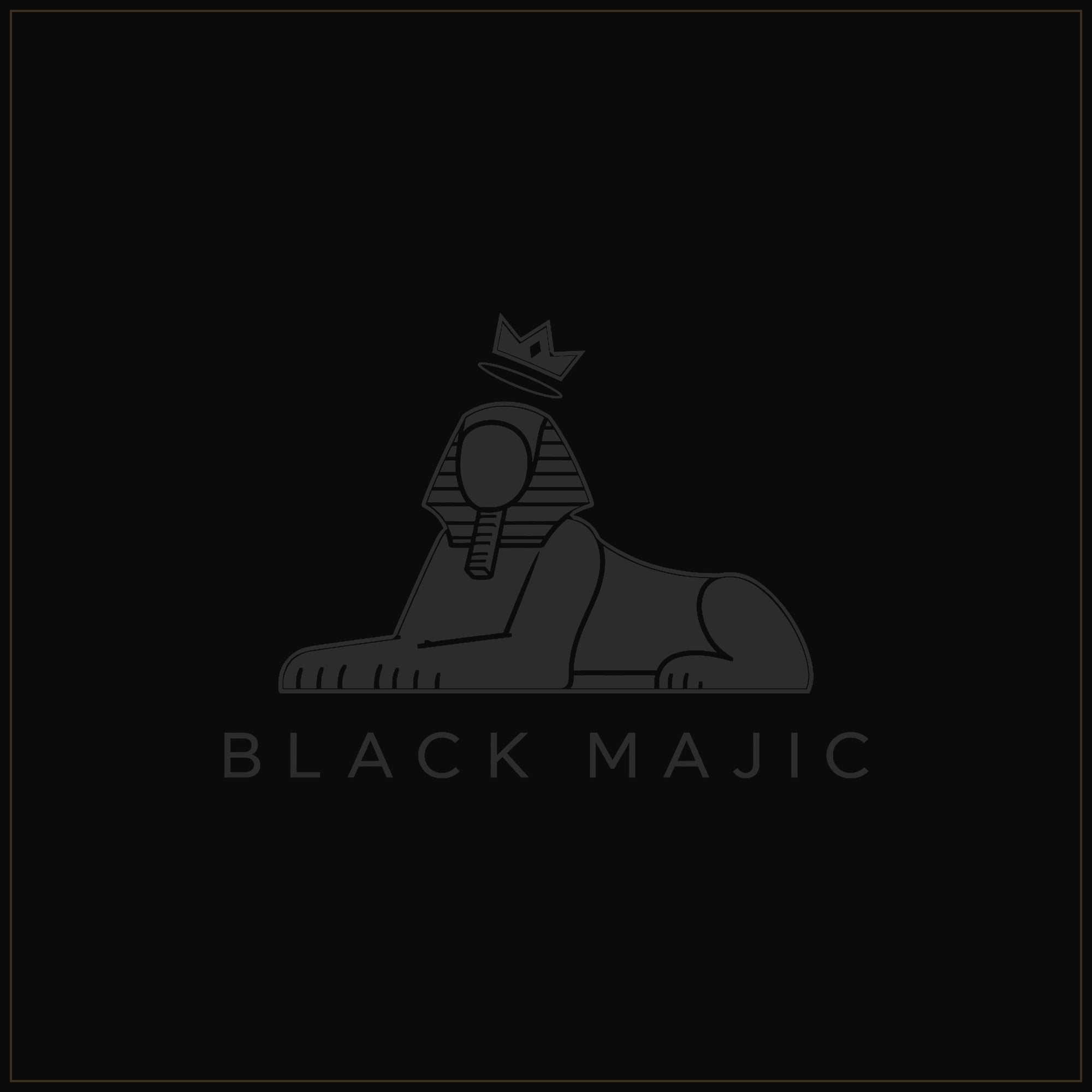 The BLACK MAJIC lockup in tonal black — the crowned Sphinx as it reads stitched black on black