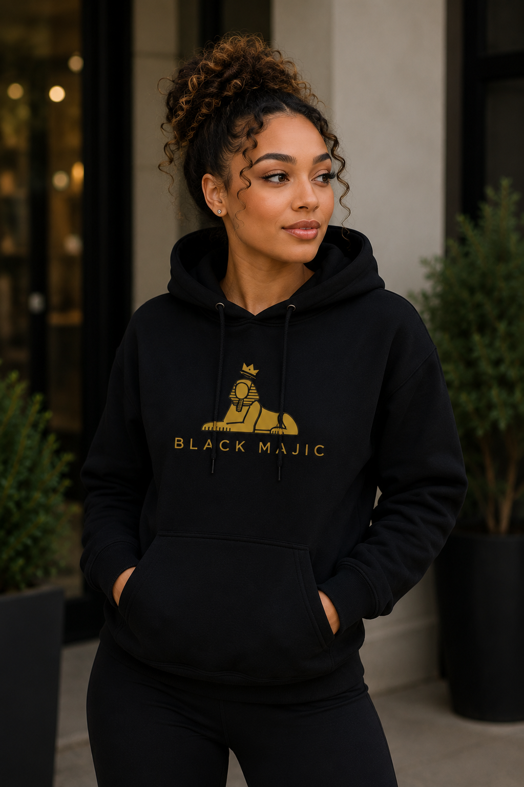 Black woman wearing the BLACK MAJIC Crown Hoodie in black on a city street, gold crowned Sphinx over the wordmark