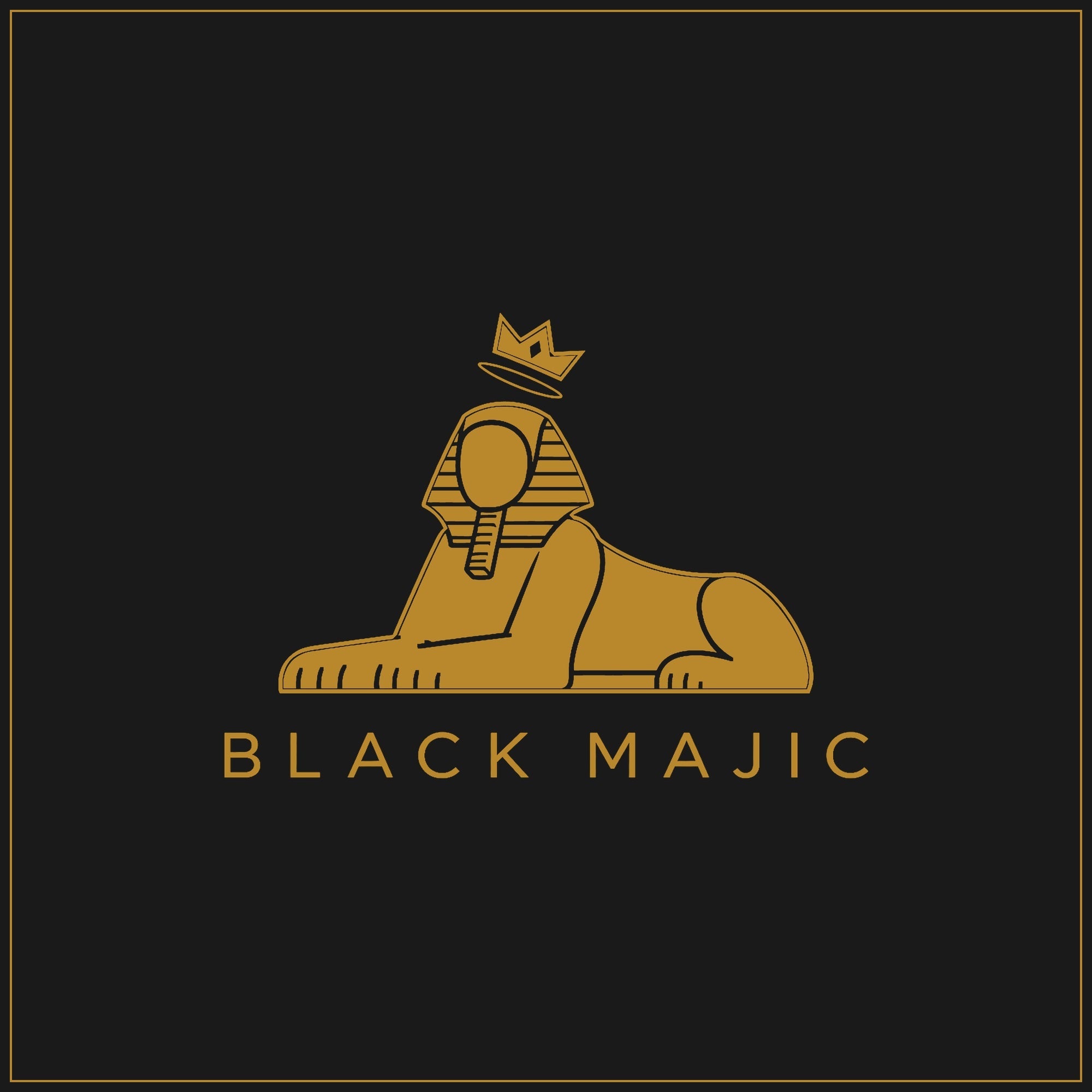 The BLACK MAJIC lockup — crowned Sphinx over the wordmark, stitched in gold thread on the Signature Crown Hoodie