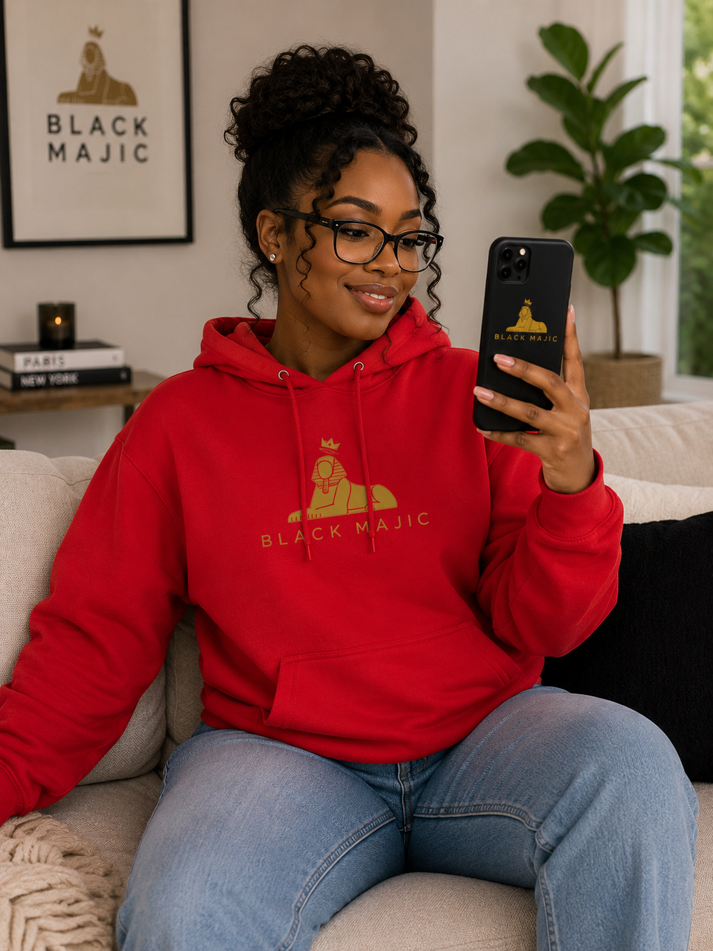 Black woman at home in the BLACK MAJIC Crown Hoodie in red, holding a BLACK MAJIC phone case with the Crown poster on the wall