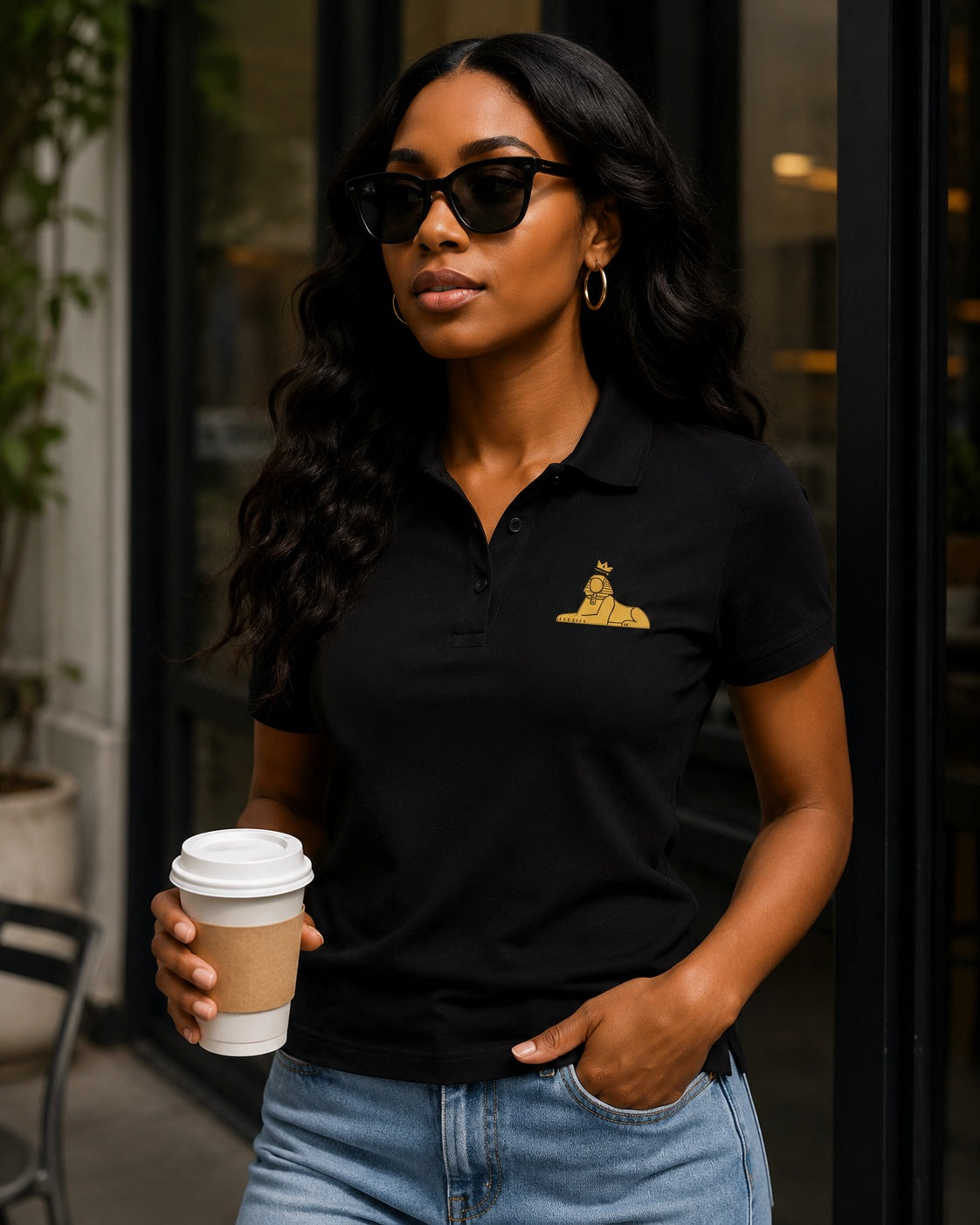 Black woman wearing the BLACK MAJIC Women's Crown Polo in Black, holding a coffee