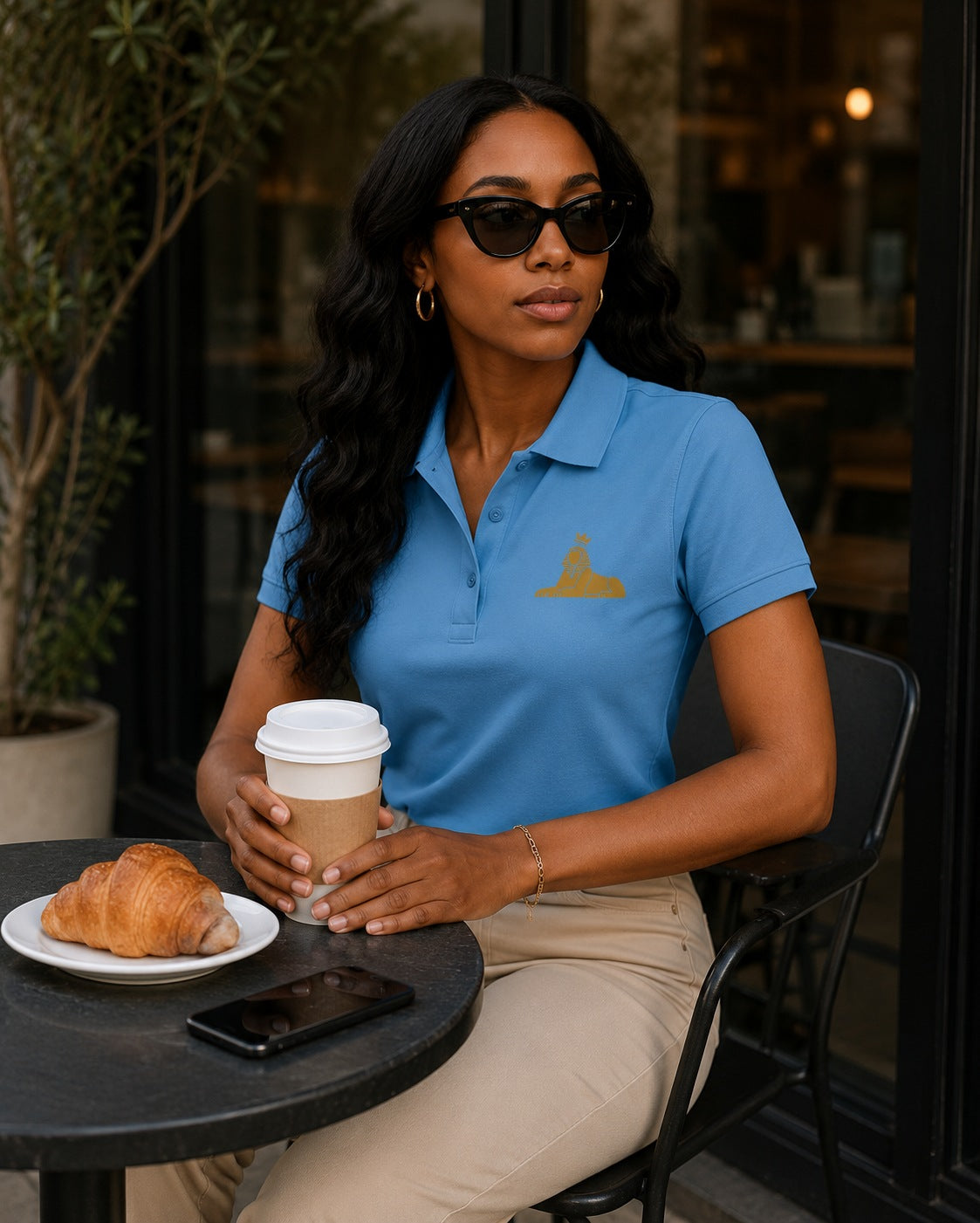 Black woman wearing the BLACK MAJIC Women's Crown Polo in Parisian Blue at a pavement cafe