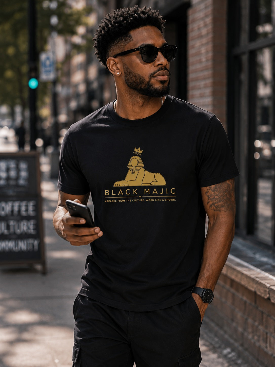 Black man wearing the BLACK MAJIC Crown Graphic Tee in black on a city street, filled gold crowned Sphinx over the wordmark