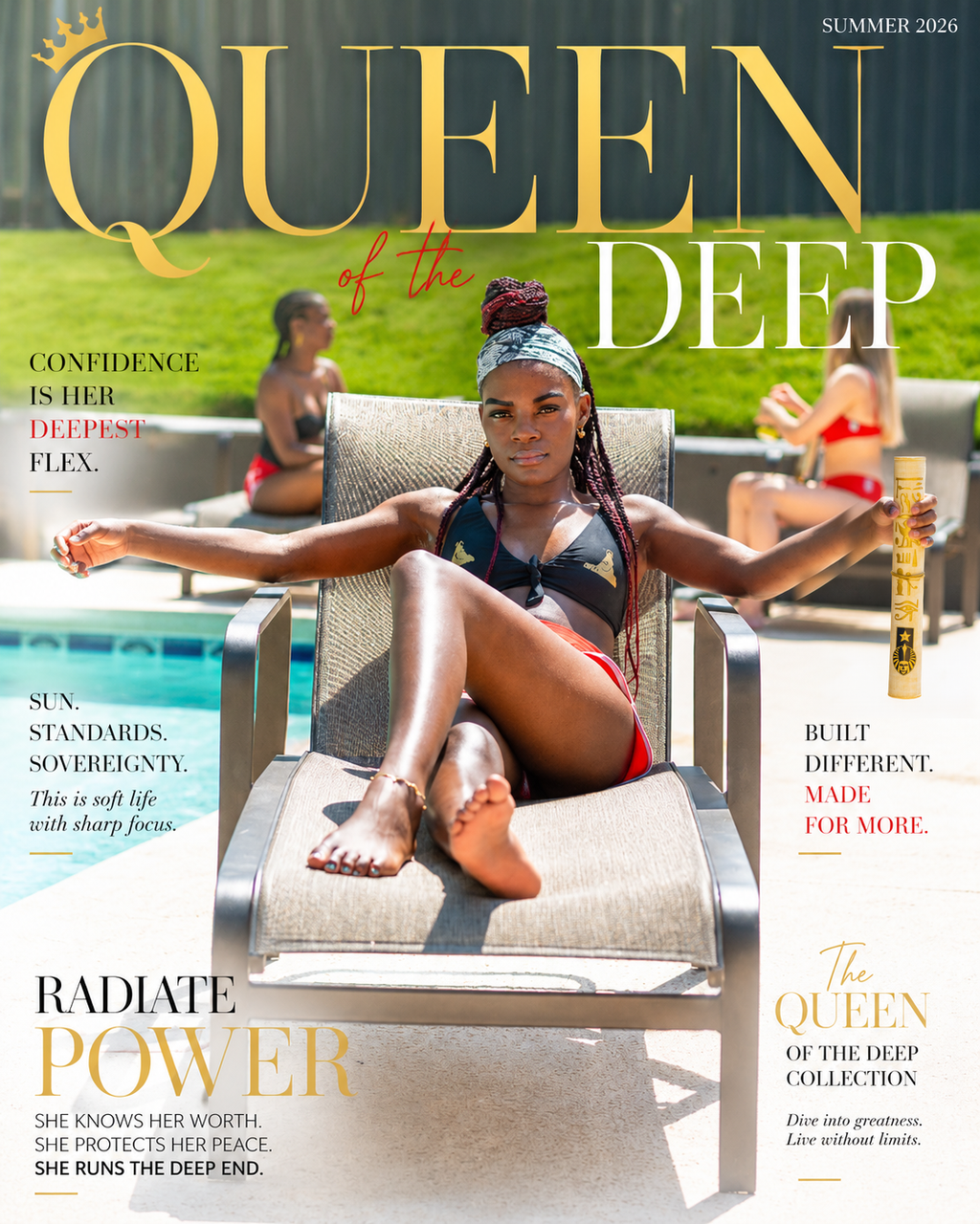 Queen of the Deep — Radiate Power cover artwork, gold scroll poolside