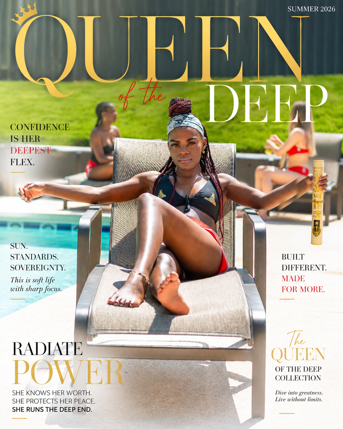 Queen of the Deep — Radiate Power cover artwork, gold scroll poolside