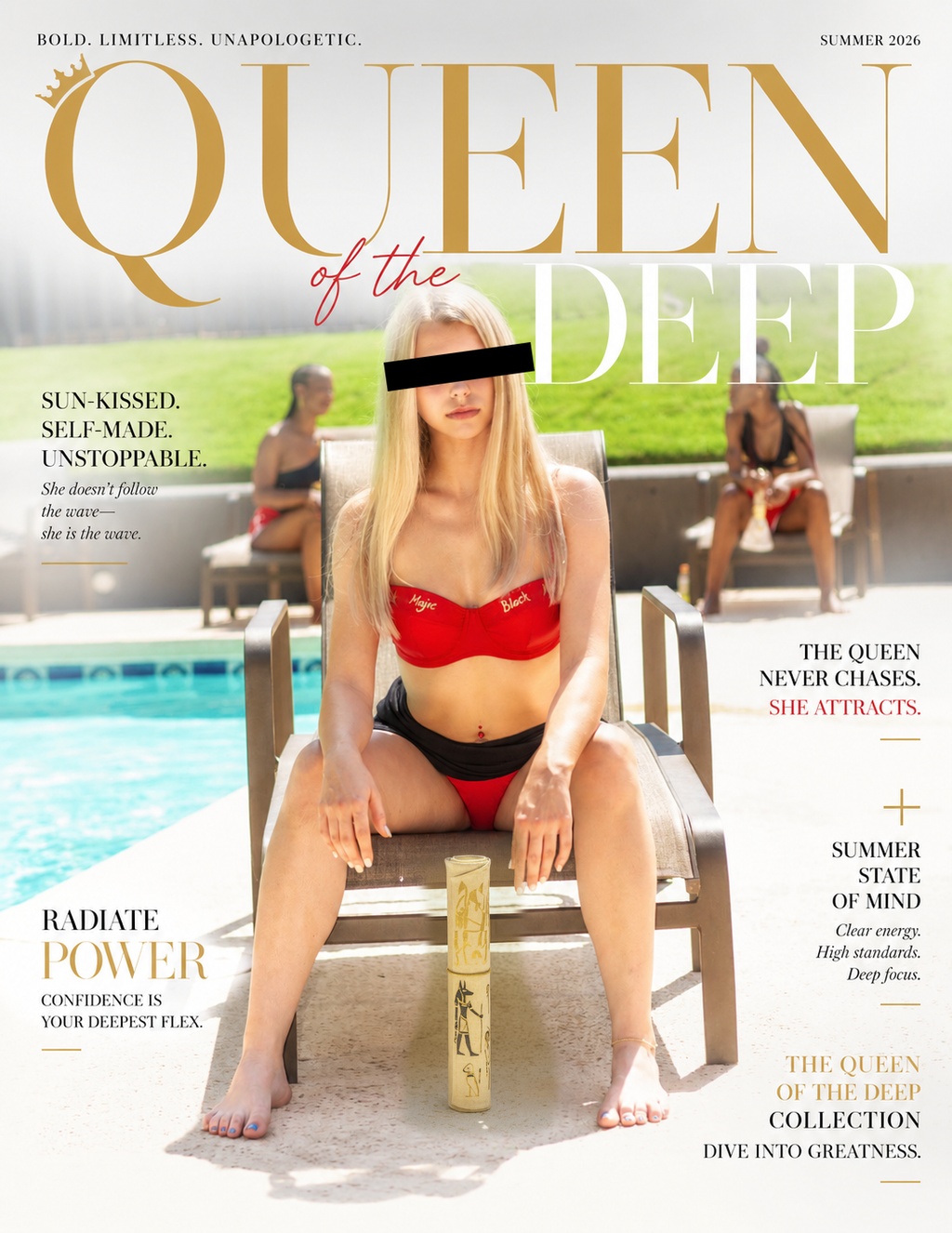 Queen of the Deep — She Attracts cover artwork, gold scroll poolside