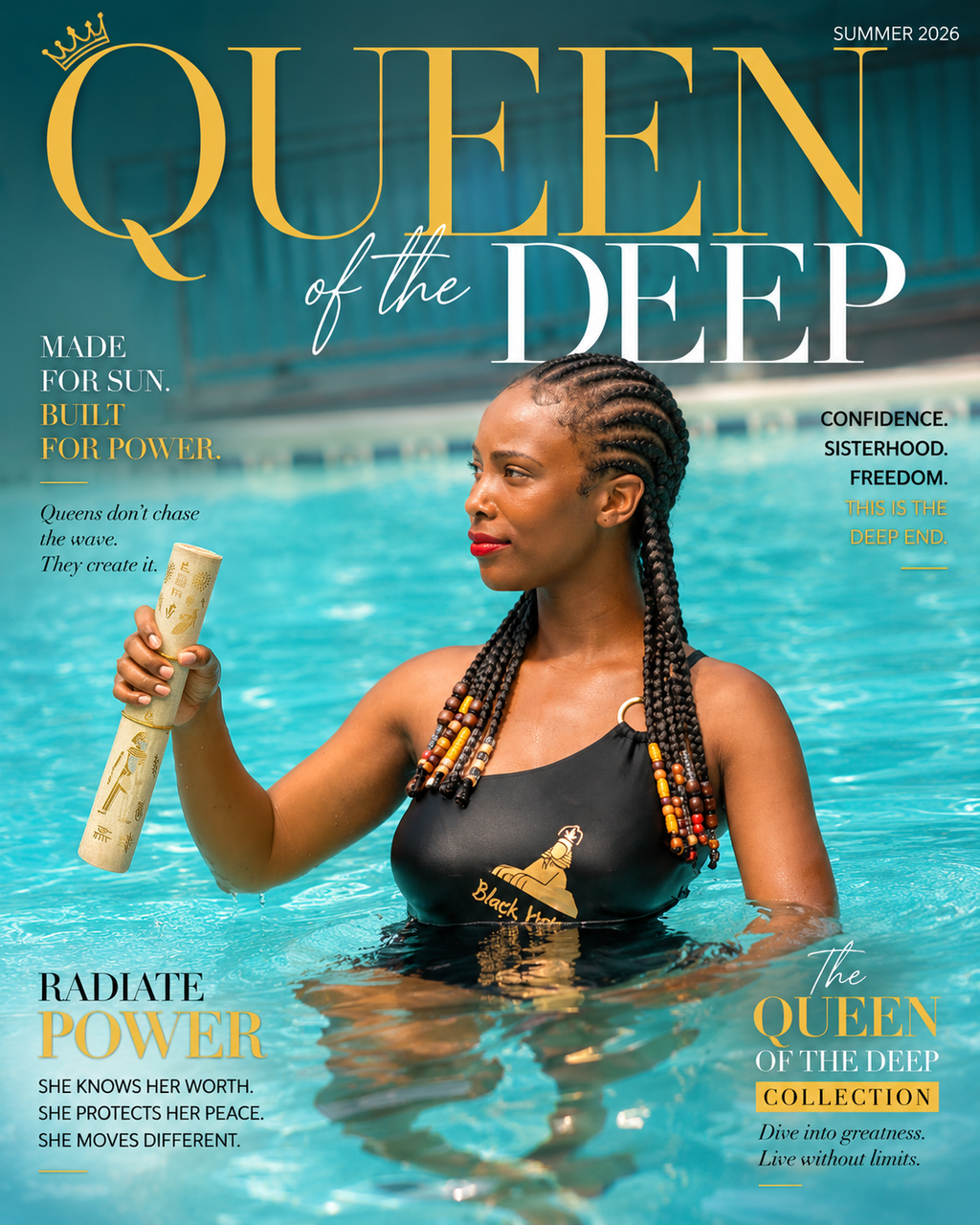 Queen of the Deep — She Knows Her Worth cover artwork, gold scroll in the pool