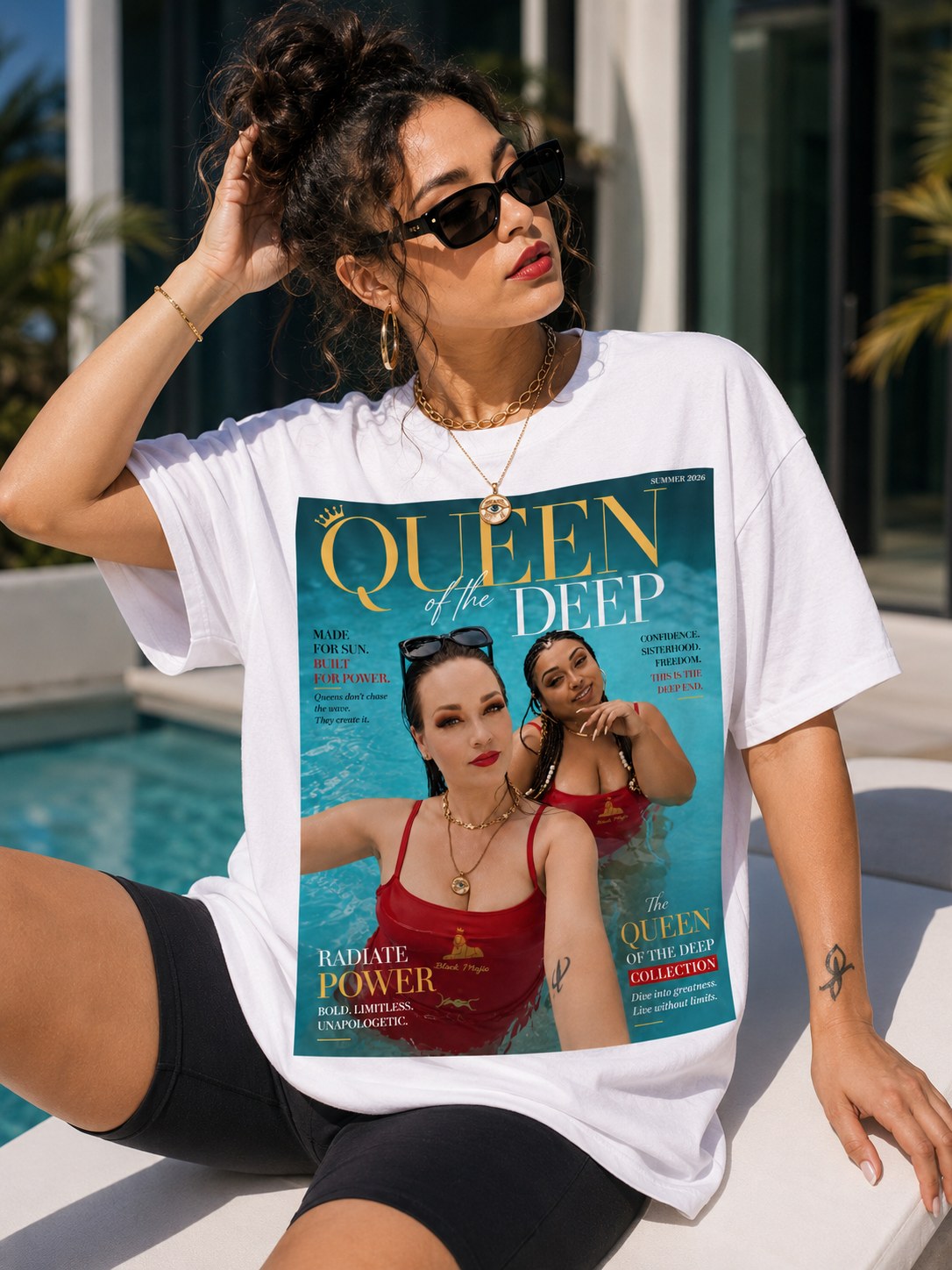 Queen of the Deep Create the Wave cover tee in white, worn — full-front magazine cover print