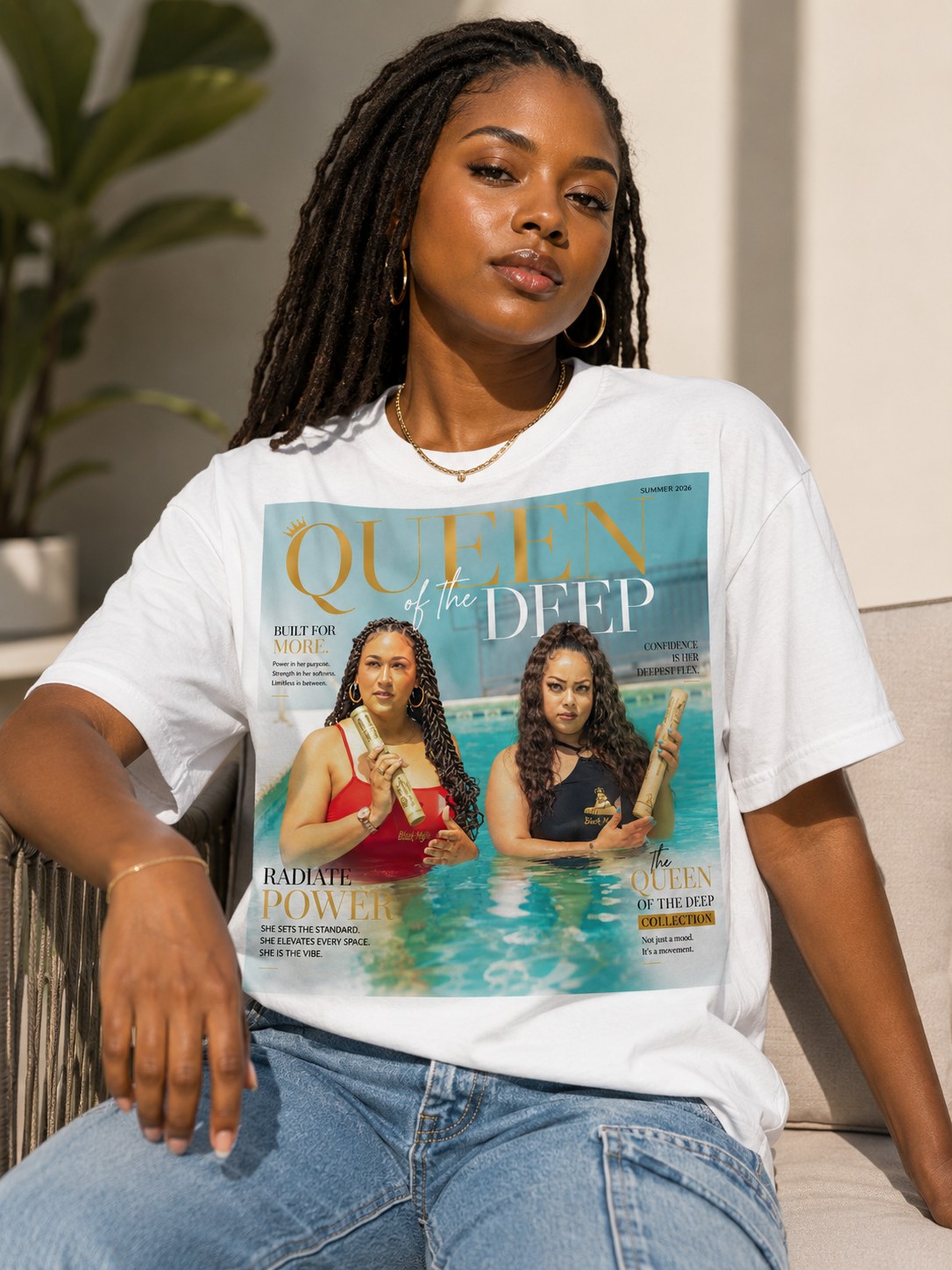Queen of the Deep Deepest Flex cover tee in white, worn — full-front magazine cover print