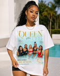 Queen of the Deep Dive Into Greatness cover tee in white, worn — full-front magazine cover print, five queens holding gold scrolls