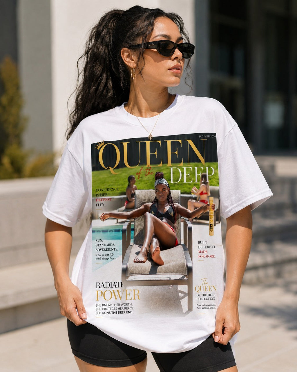 Queen of the Deep Radiate Power cover tee in white, worn — full-front magazine cover print