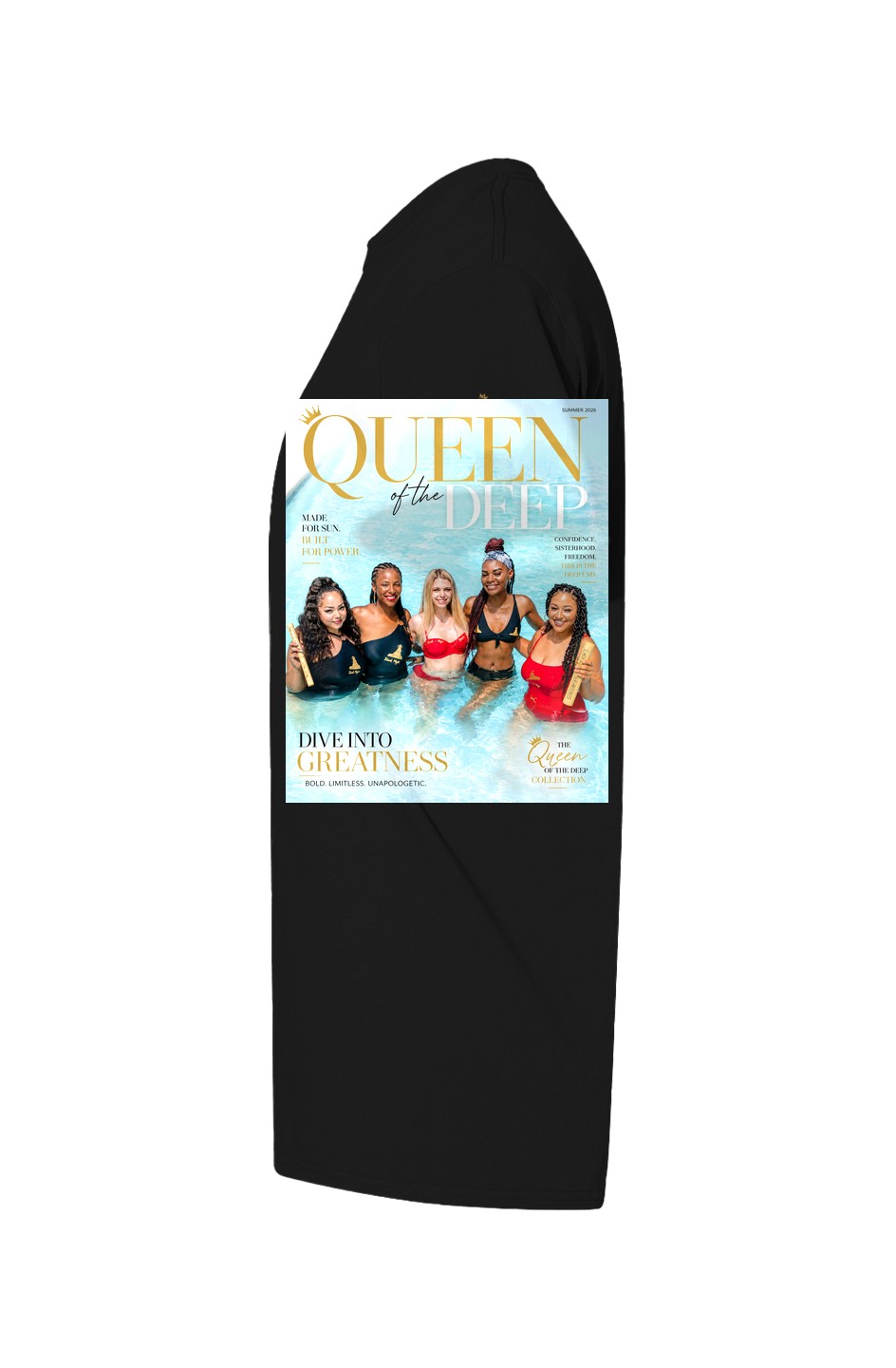 Queen of the Deep Dive Into Greatness cover tee in black — full-front magazine cover print, five queens holding gold scrolls