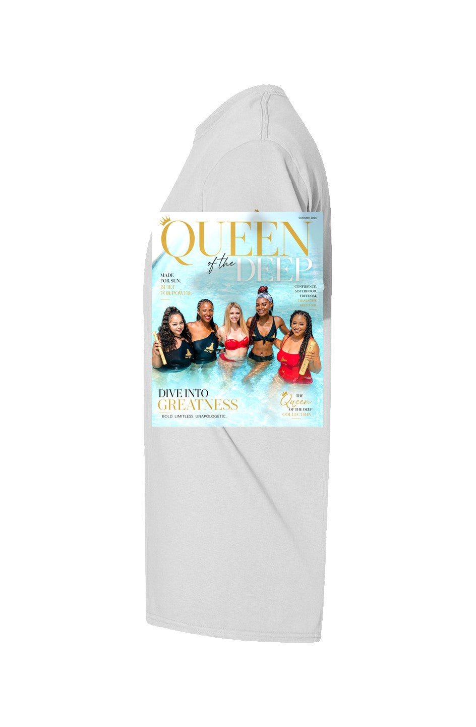 Queen of the Deep Dive Into Greatness cover tee in white — full-front magazine cover print, five queens holding gold scrolls