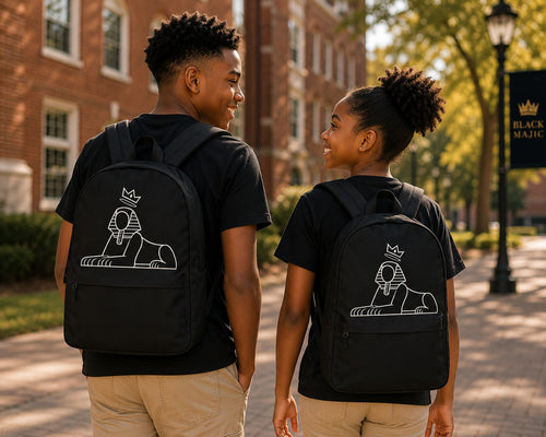 Two Black children wearing BLACK MAJIC Crown Backpacks walking to school