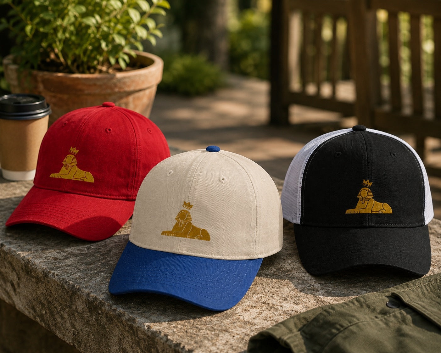BLACK MAJIC caps on a stone ledge — red dad cap, natural five-panel with a blue brim, black trucker