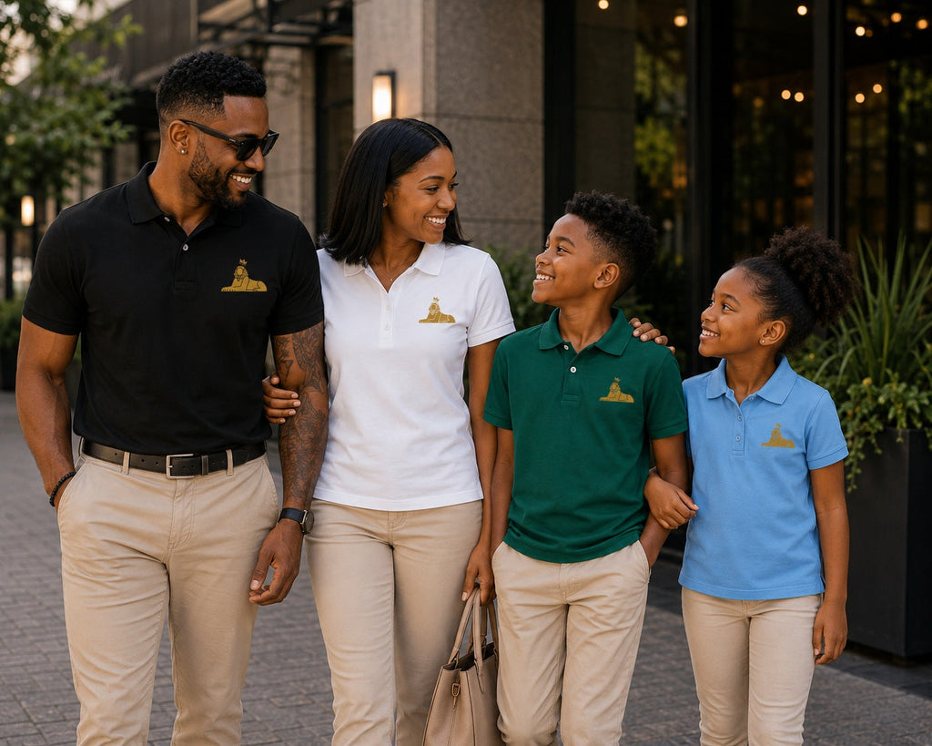 A Black family in BLACK MAJIC Crown Polos — black, white, forest and light blue