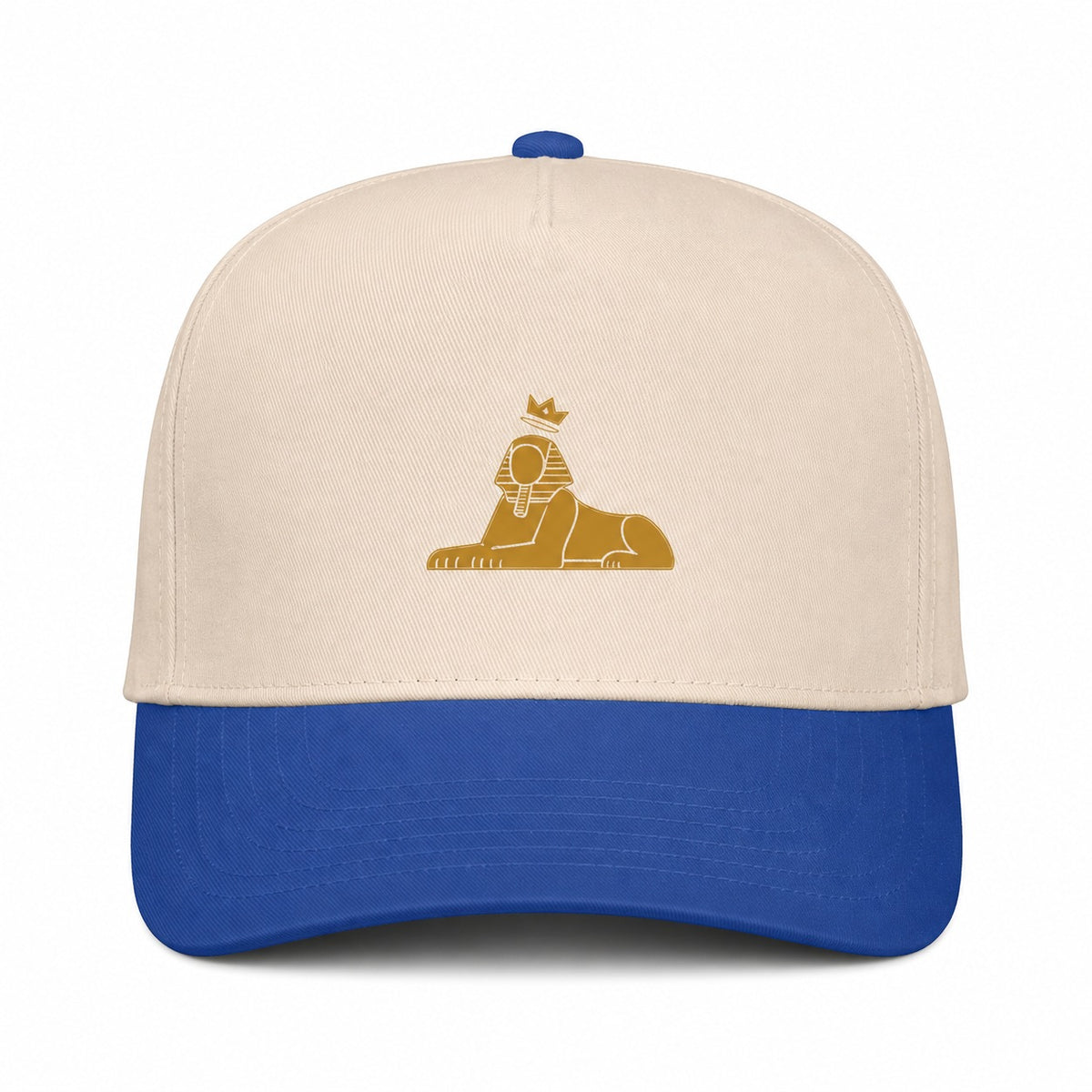 BLACK MAJIC Crown Five-Panel Cap, natural crown with a royal blue brim, gold embroidered crowned Sphinx