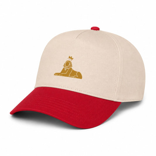 BLACK MAJIC Crown Five-Panel Cap, natural crown with a red brim, gold embroidered crowned Sphinx