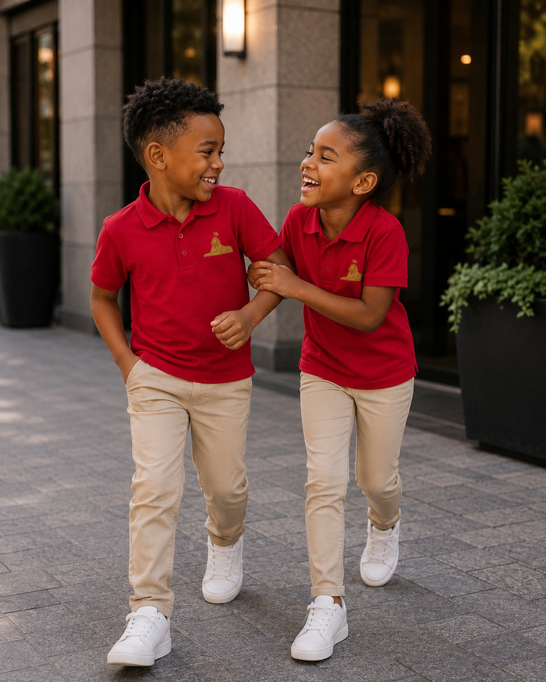 Two Black children in BLACK MAJIC Kids Crown Polos in Sport Red, gold embroidered crowned Sphinx