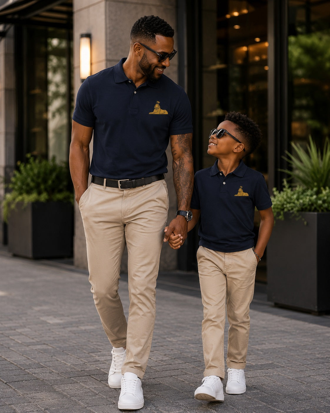 Father and son in matching BLACK MAJIC Crown Polos in Sport Dark Navy, walking together