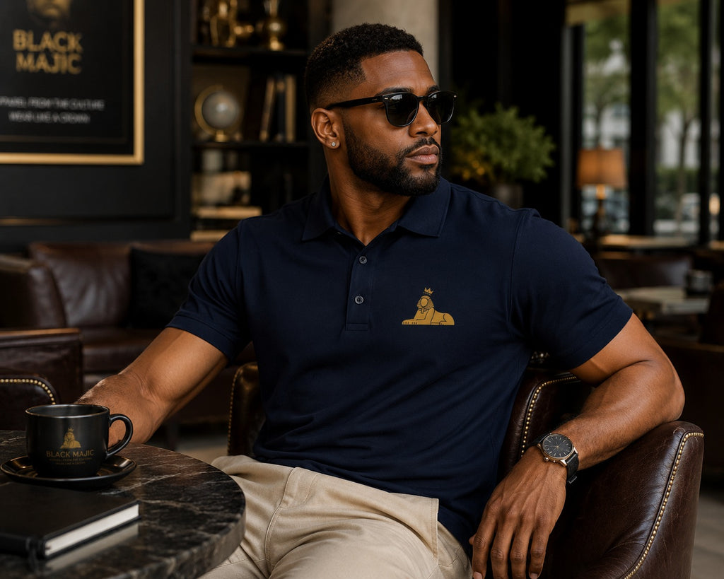 Black man wearing the BLACK MAJIC Adult Crown Polo in Sport Dark Navy, seated in a lounge