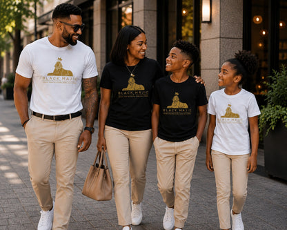 A Black family in matching BLACK MAJIC Crown Graphic Tees, black and white