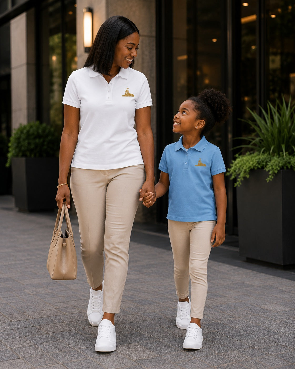 Black girl in the BLACK MAJIC Kids Crown Polo walking with her mother in the Women's Crown Polo in White