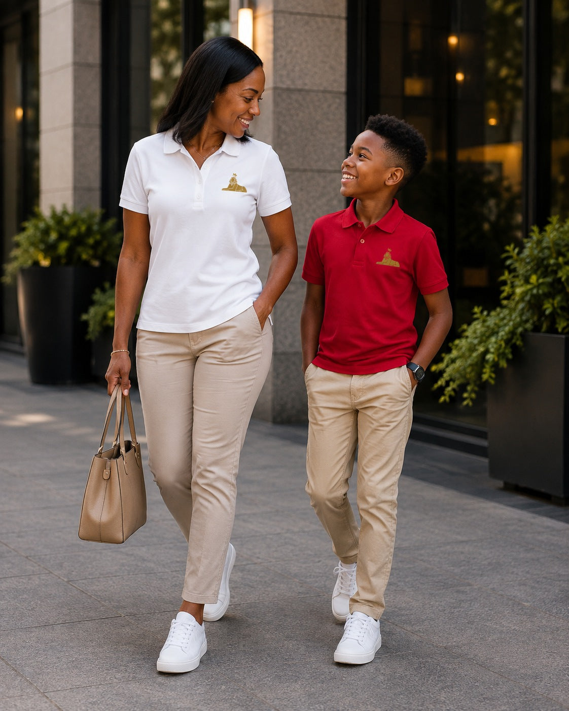 Black woman in the BLACK MAJIC Women's Crown Polo in White walking with her son in the Kids Crown Polo