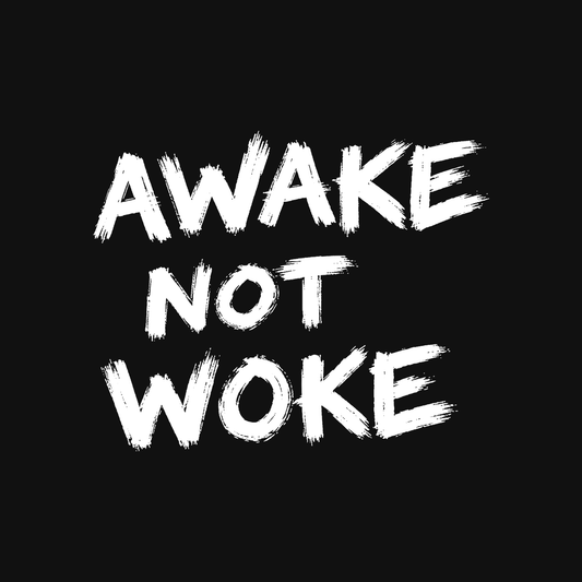 AWAKE. NOT WOKE. white lettering on black — BLACK MAJIC long sleeve tee