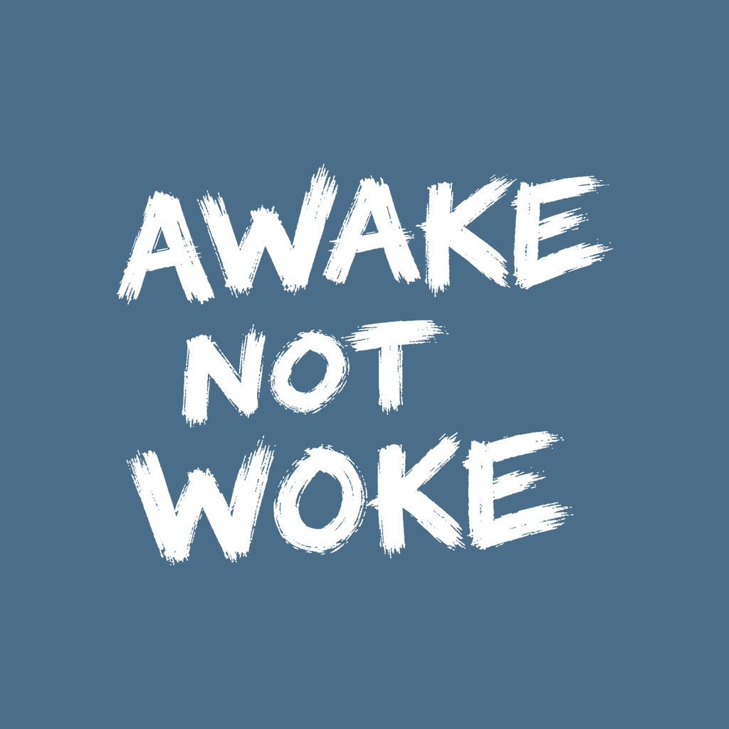 AWAKE. NOT WOKE. white lettering on sea blue — BLACK MAJIC heavyweight tee