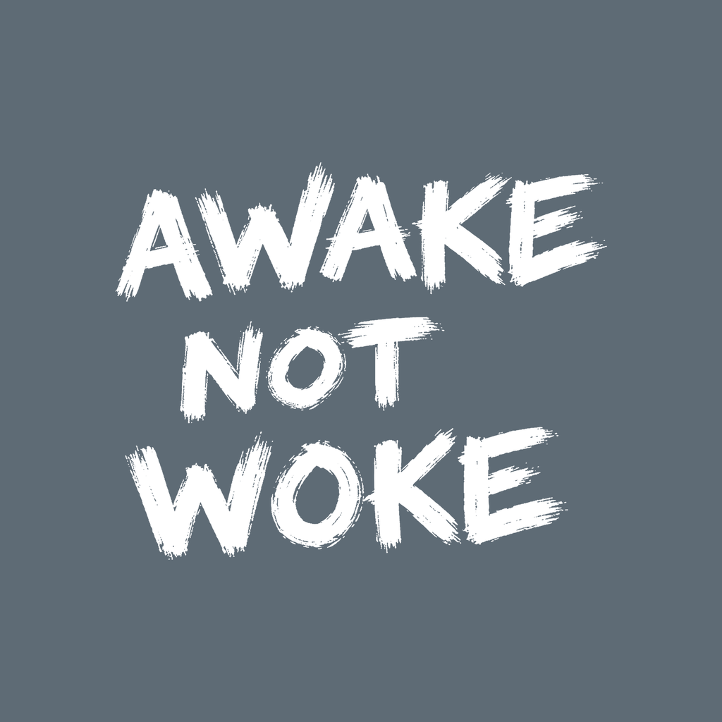 AWAKE. NOT WOKE. white lettering on heather slate — BLACK MAJIC long sleeve tee