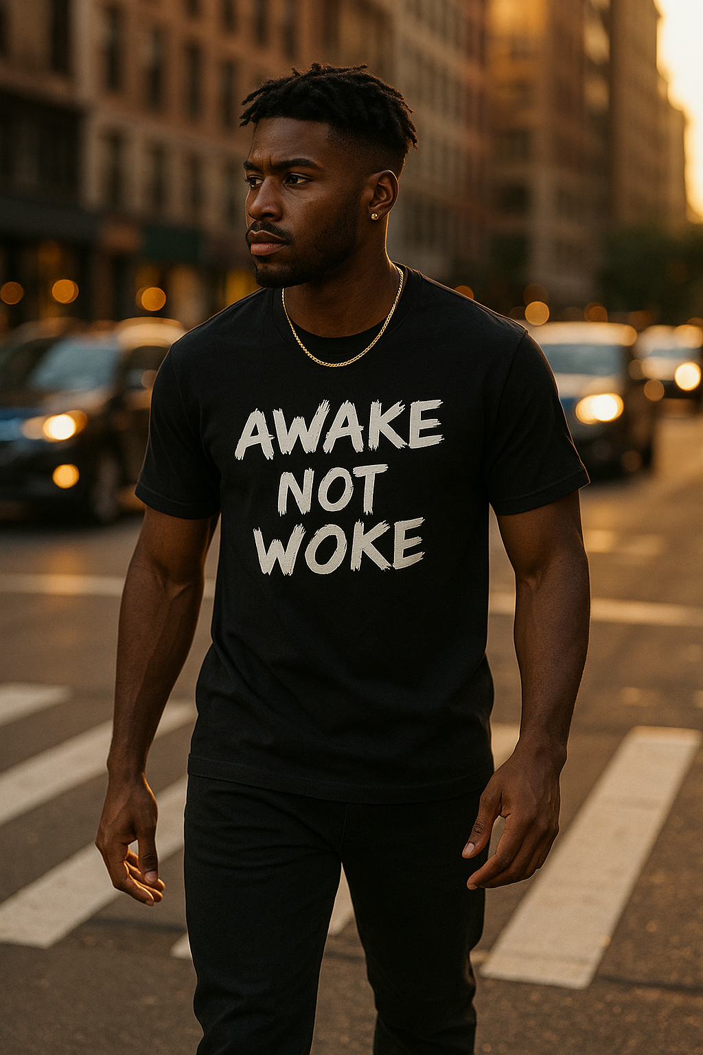 AWAKE. NOT WOKE. classic tee worn on a city crosswalk