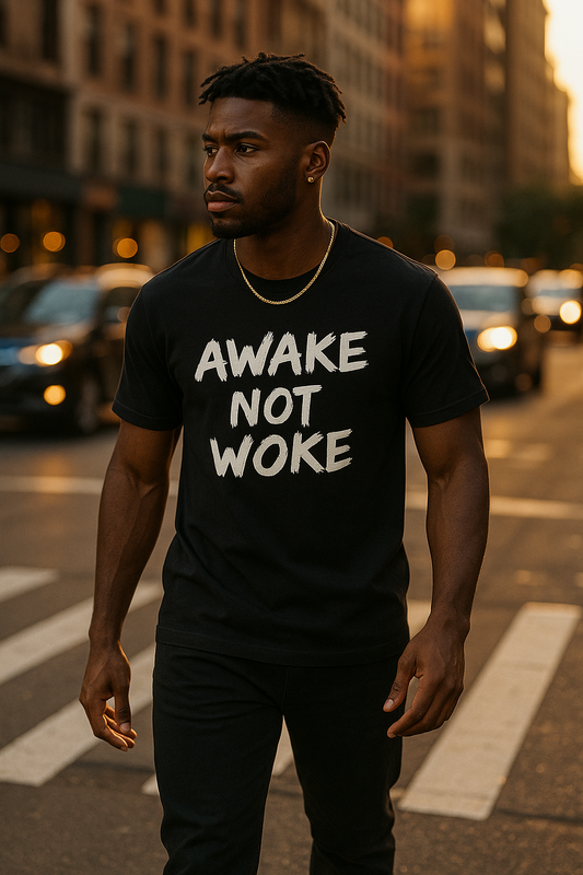 AWAKE. NOT WOKE. classic tee worn on a city crosswalk