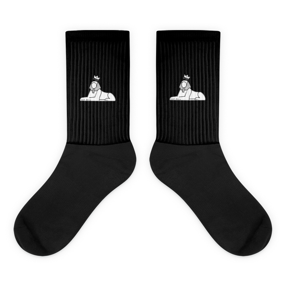 BLACK MAJIC Crown Socks in black, flat pair, white sphinx mark on the ribbed leg