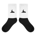 BLACK MAJIC Crown Socks in white, flat pair, black sphinx mark on the ribbed leg