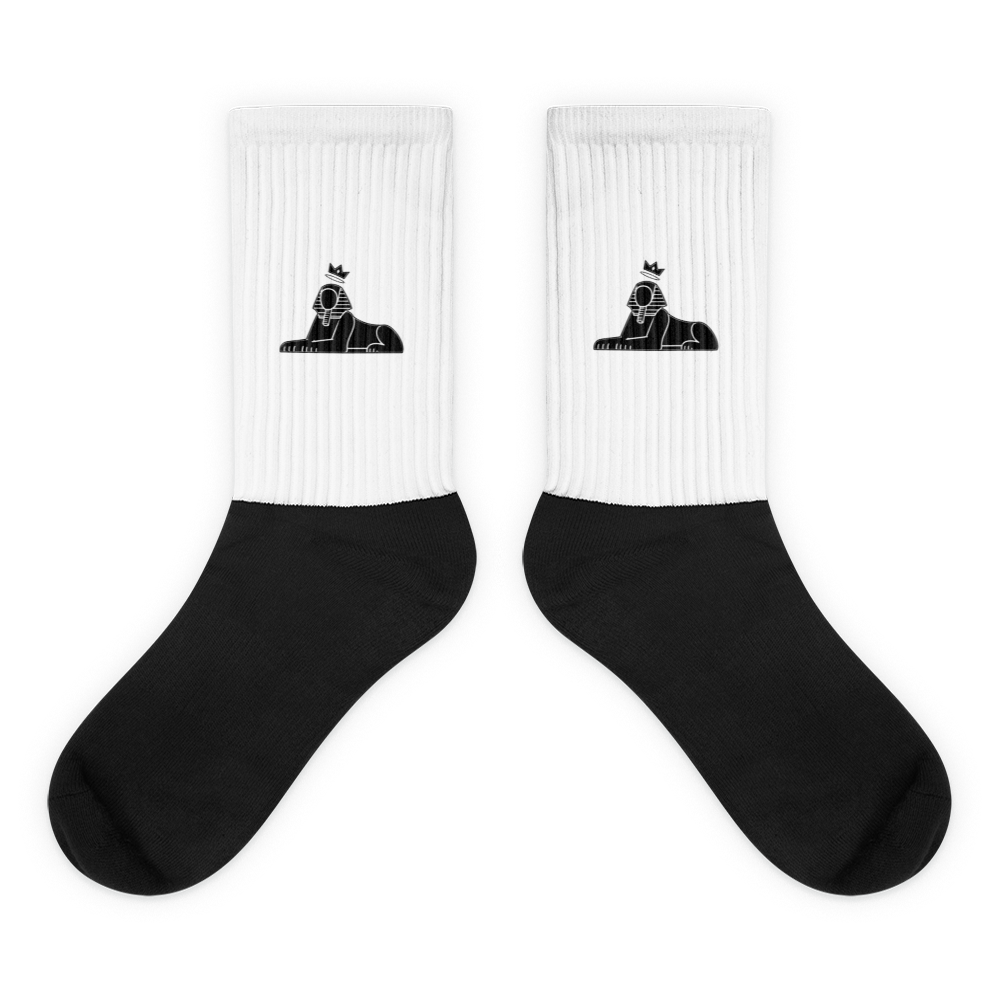 BLACK MAJIC Crown Socks in white, flat pair, black sphinx mark on the ribbed leg