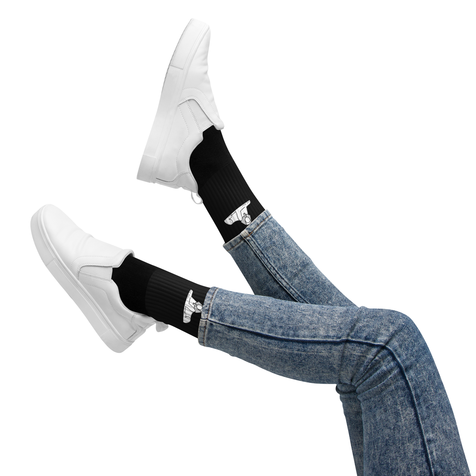 BLACK MAJIC Crown Socks in black worn with jeans and white sneakers