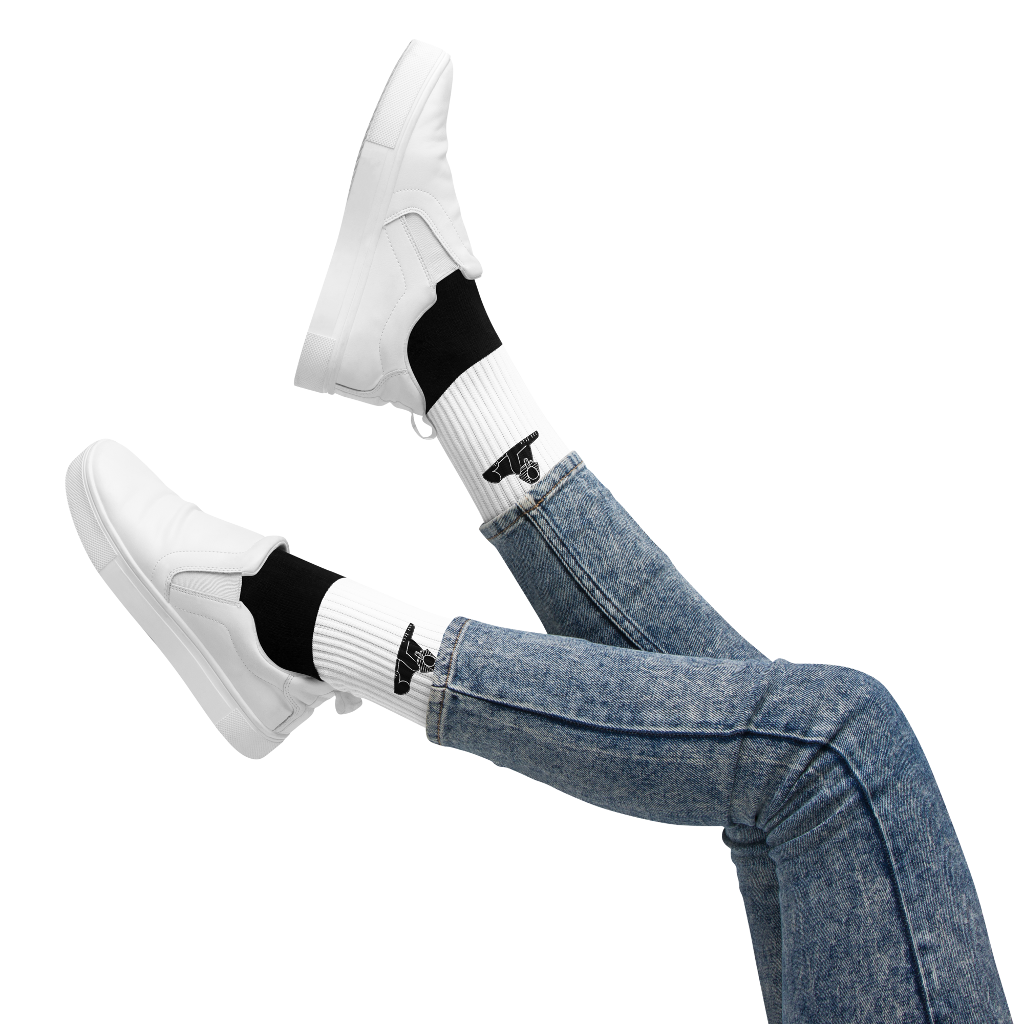BLACK MAJIC Crown Socks in white worn with jeans and white sneakers