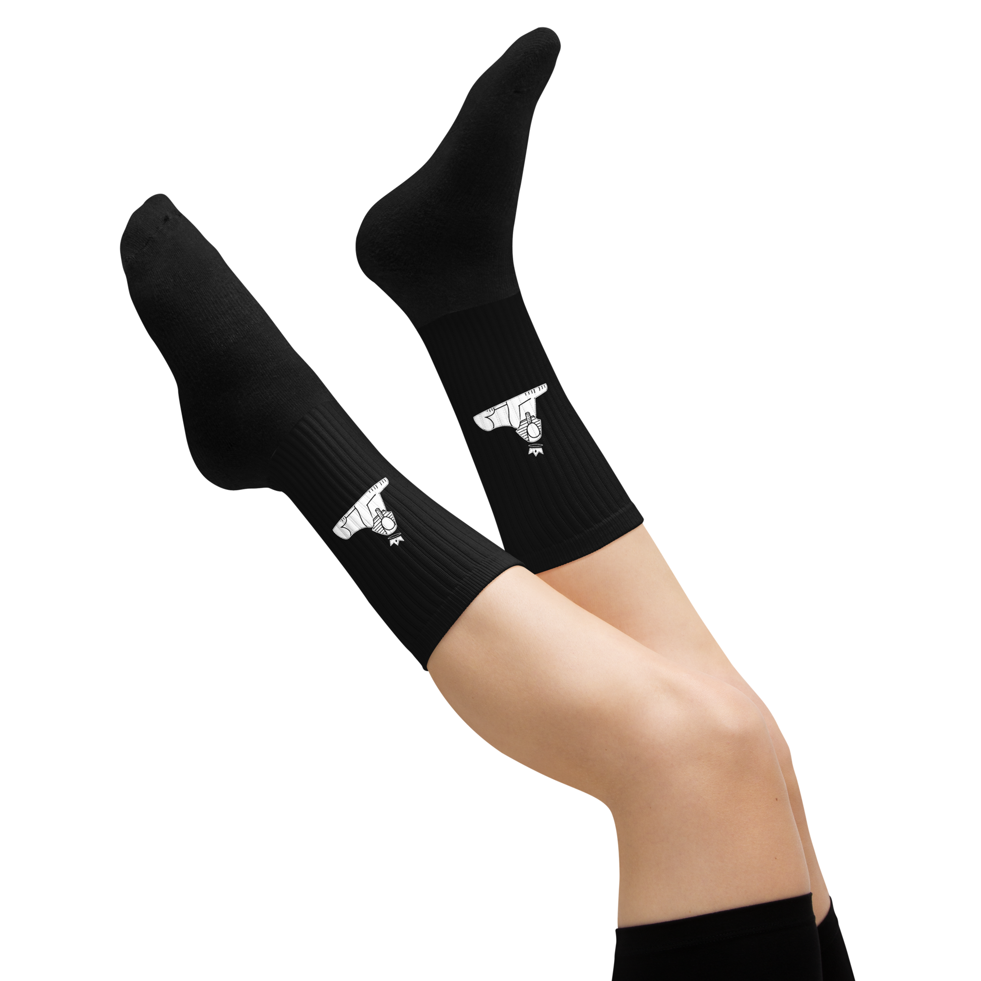 BLACK MAJIC Crown Socks in black worn, calf detail with the white sphinx mark