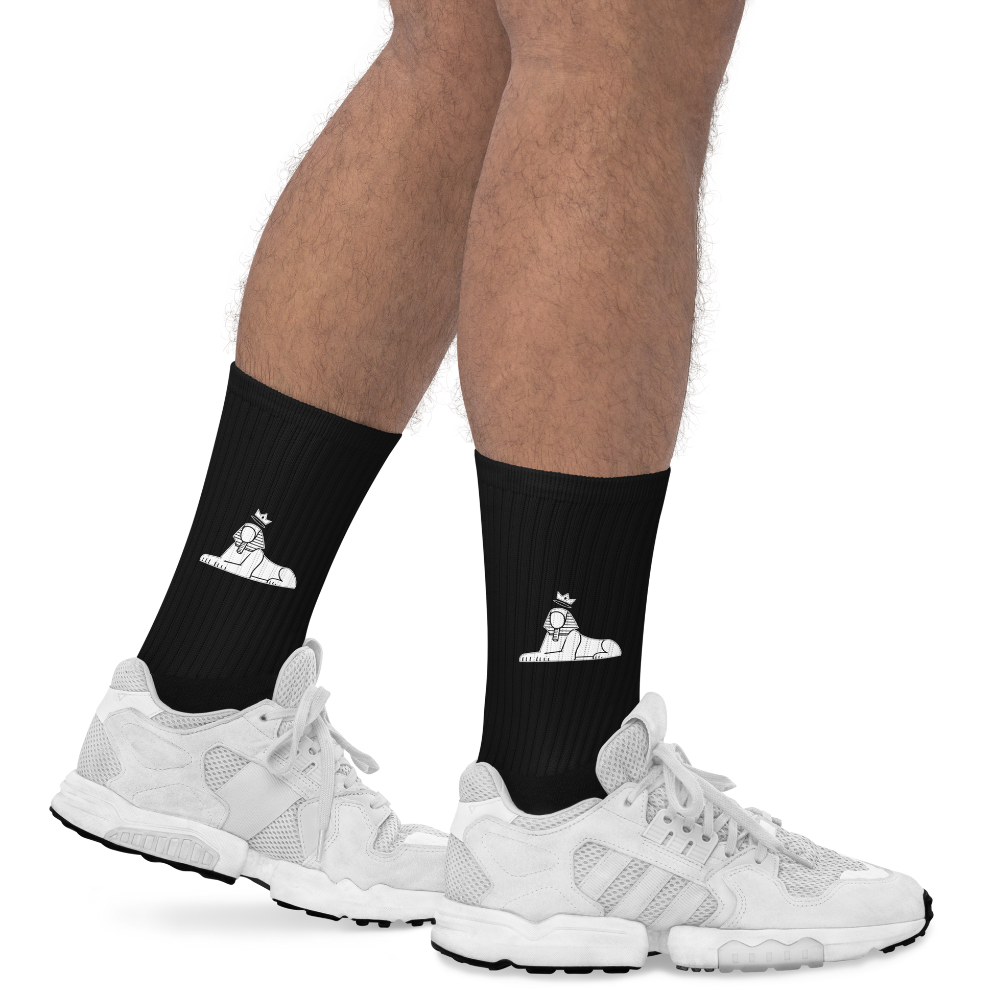 BLACK MAJIC Crown Socks in black, side view, worn with white trainers