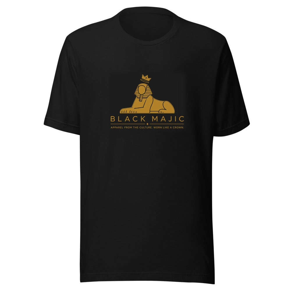 BLACK MAJIC Crown Tee — black, filled gold crowned Sphinx