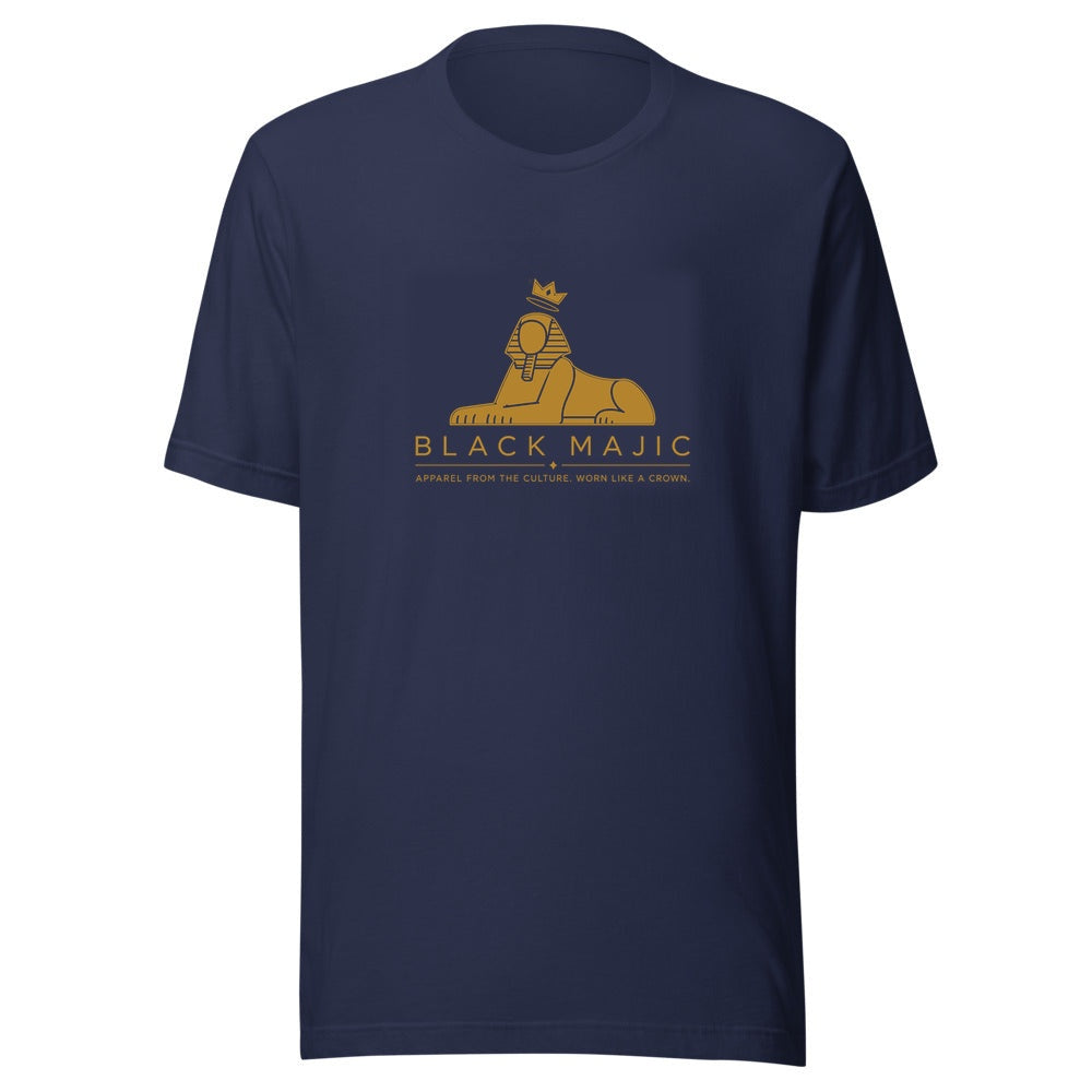 BLACK MAJIC Crown Tee — navy, filled gold crowned Sphinx