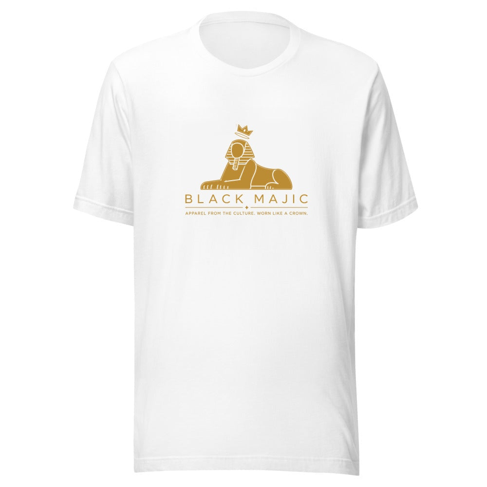 BLACK MAJIC Crown Tee — white, filled gold crowned Sphinx