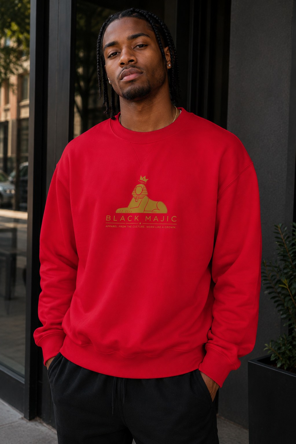 BLACK MAJIC Crown Crewneck — Everyday in red, gold crowned Sphinx over the wordmark and tagline