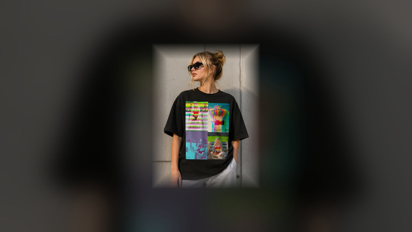 Graphic Tees — the Glitch Collage Tee in black, worn